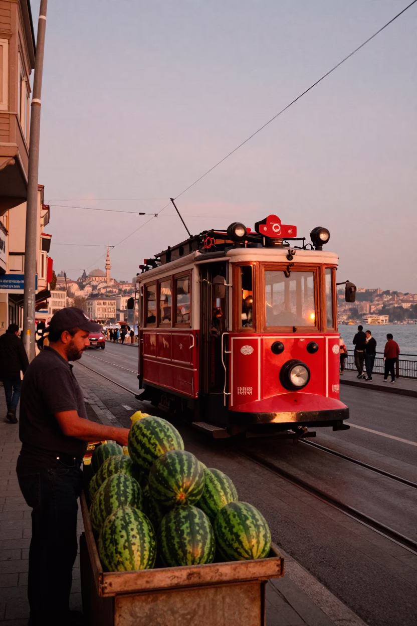 Istanbul Copper Dusk Street Scene with Bosphorus Tram and Watermelon Vendor in in Istanbul, Turkey