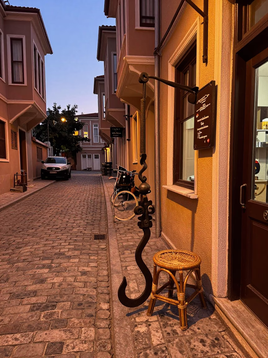 Istanbul copper dusk street scene with iron hook and rattan stool in in Istanbul, Turkey