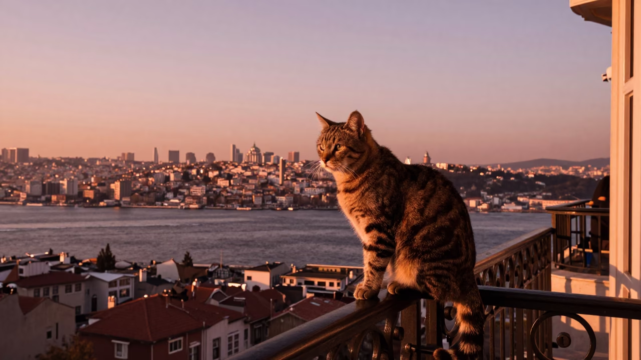 Istanbul Copper Dusk Tabby Cat on Bosphorus Balcony with Toothbrush Cup in in Istanbul, Turkey
