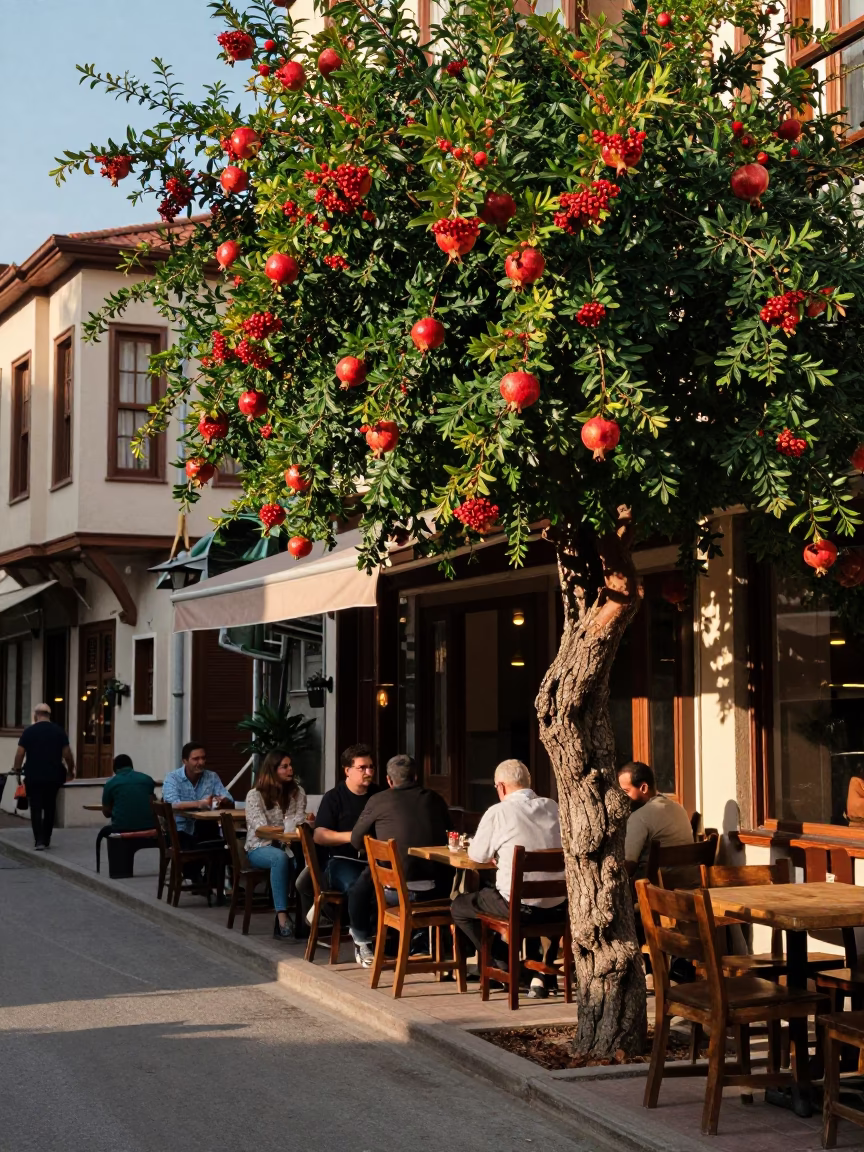 Istanbul Early Afternoon Street Scene with Pomegranate Tree and Rusty Tabletop in in Istanbul, Turkey