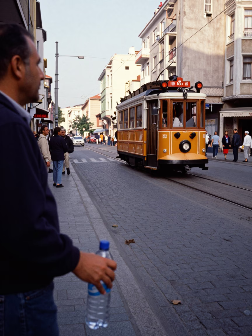 Istanbul Early Afternoon Street Scene with Water Bottle and Heritage Tram in in Istanbul, Turkey