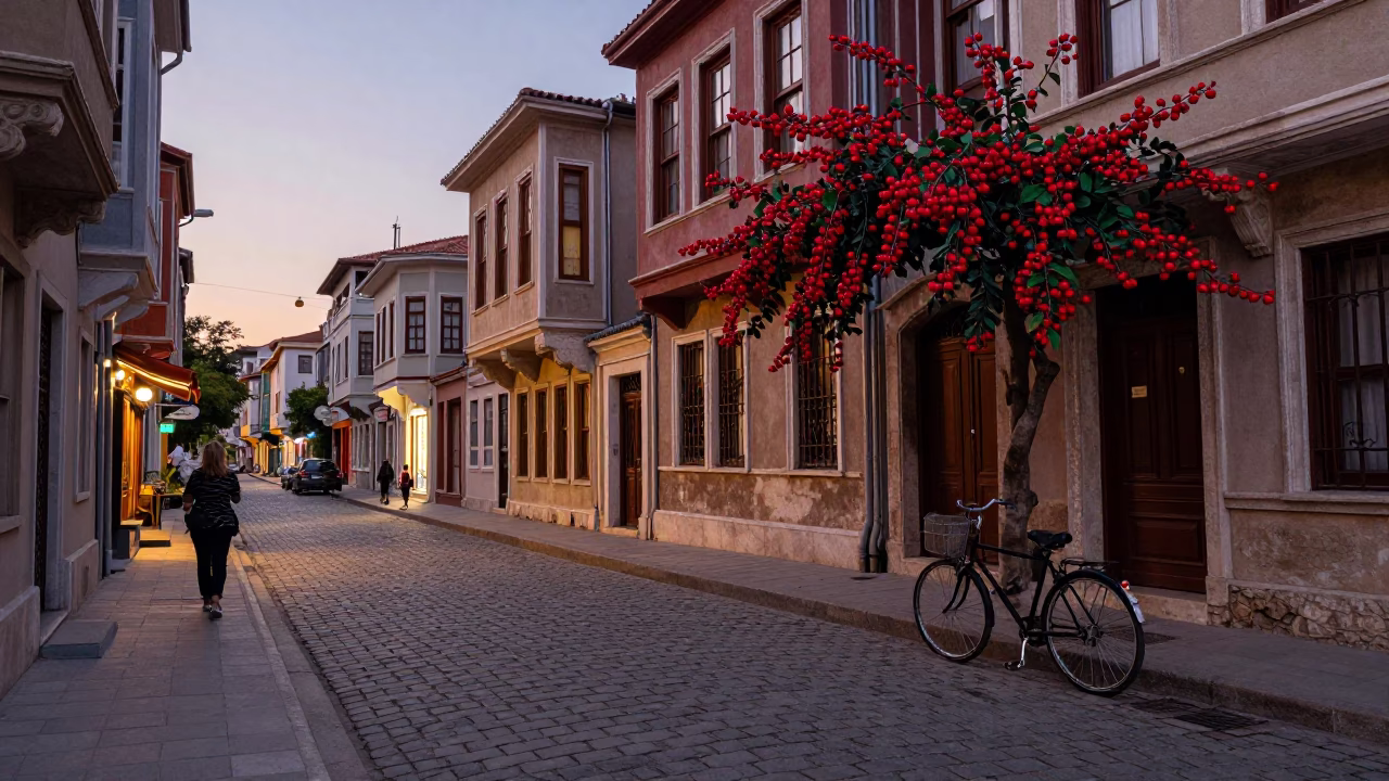 Istanbul Early Evening Street Scene with Bicycle and Cherries in Turkey in in Istanbul, Turkey