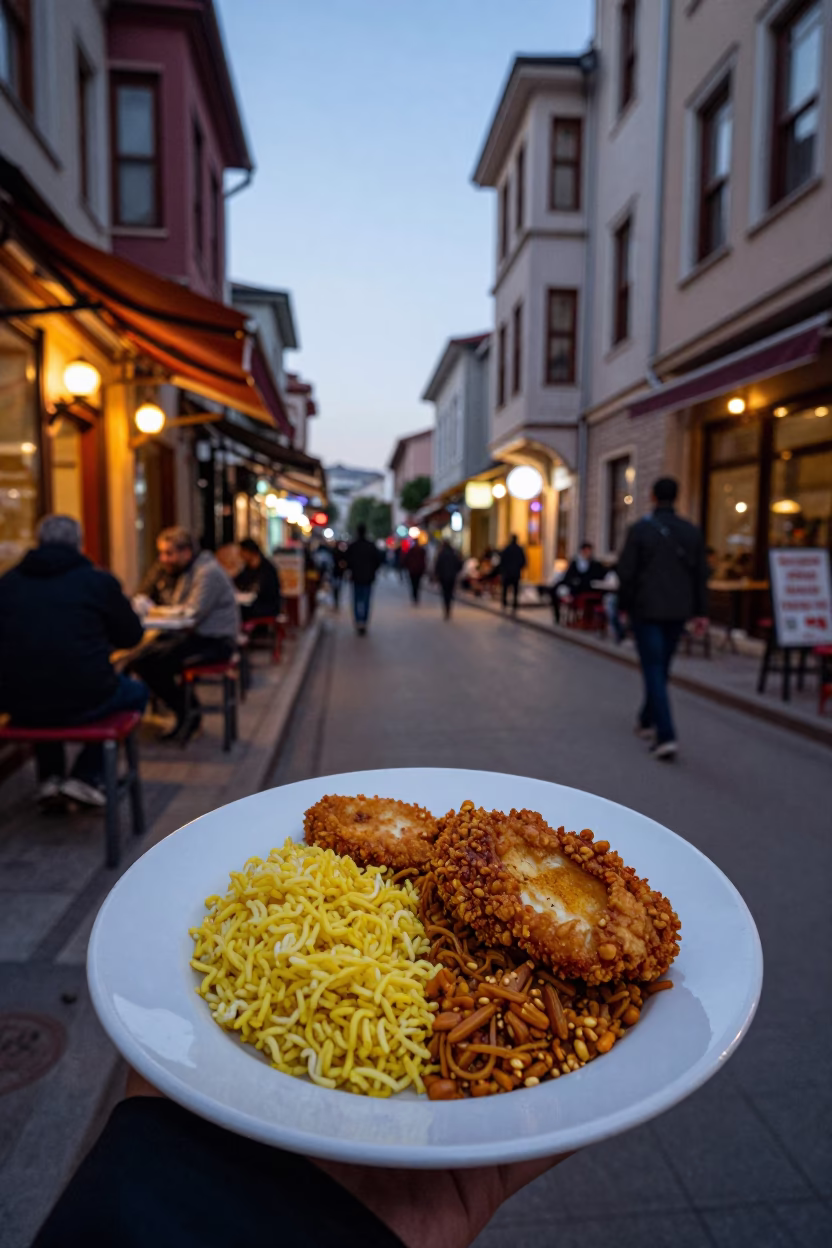 Istanbul Early Evening Street Scene with Nasi Gorege Plate and Traditional Architecture in in Istanbul, Turkey
