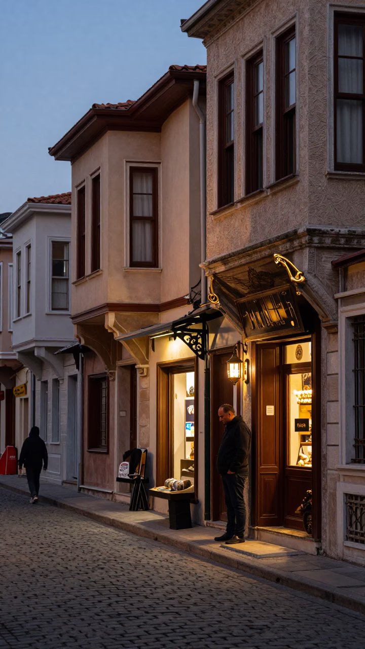 Istanbul Early Evening Street Scene with Polished Brass Details and Local Life in in Istanbul, Turkey