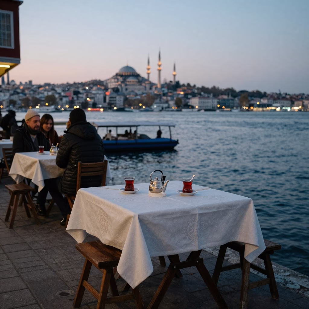 Istanbul Early Evening Street Scene with Tablecloth and Water Stains on Wall in in Istanbul, Turkey