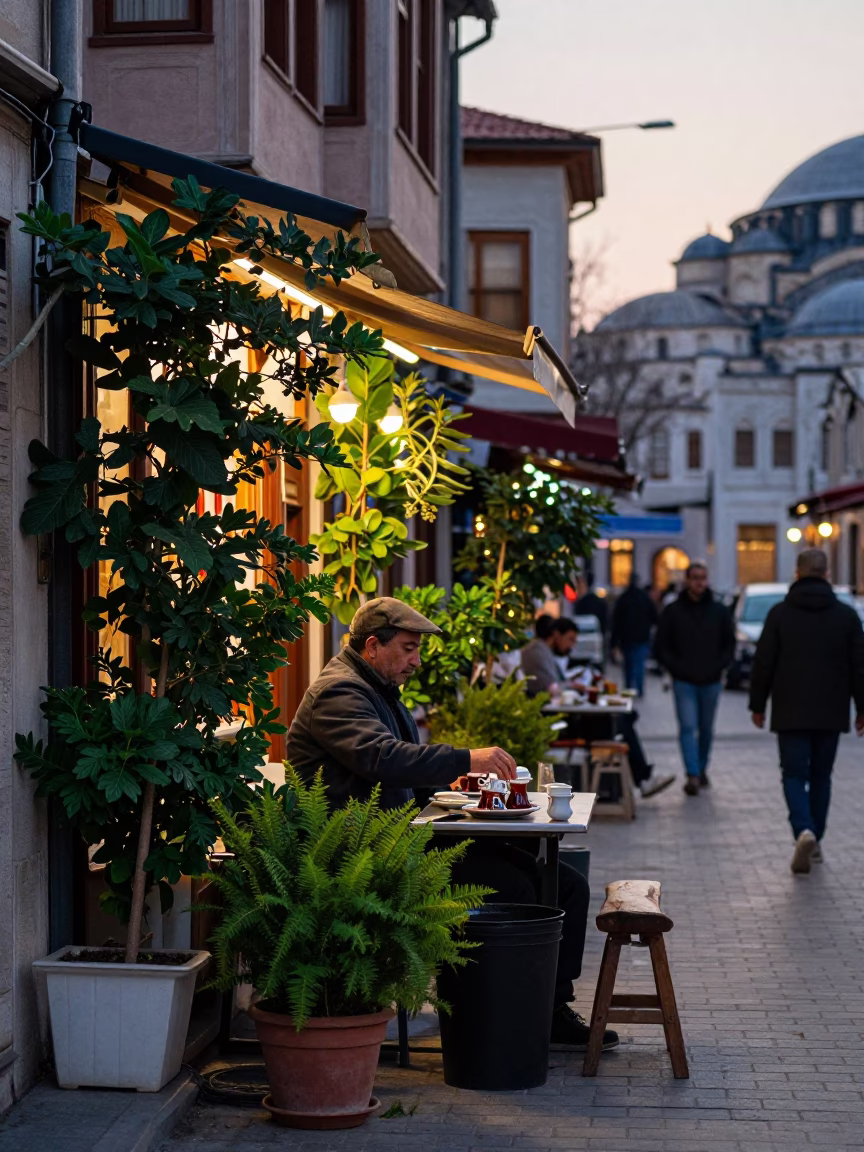 Istanbul Early Evening Street Scene with Traditional Tea and Succulents in in Istanbul, Turkey