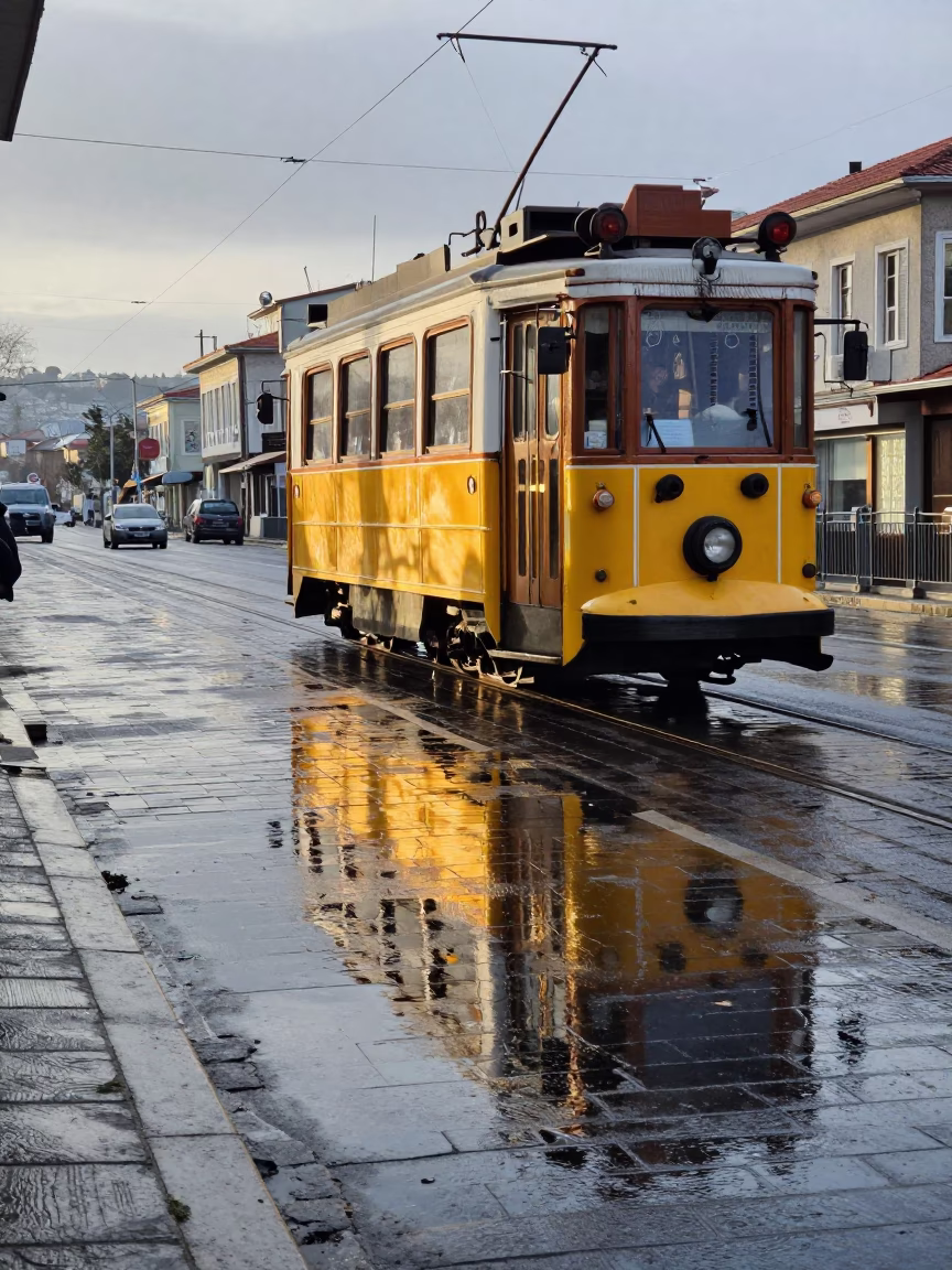 Istanbul Early Morning Tram Reflection on Wet Cobblestones Near Historic District in in Istanbul, Turkey