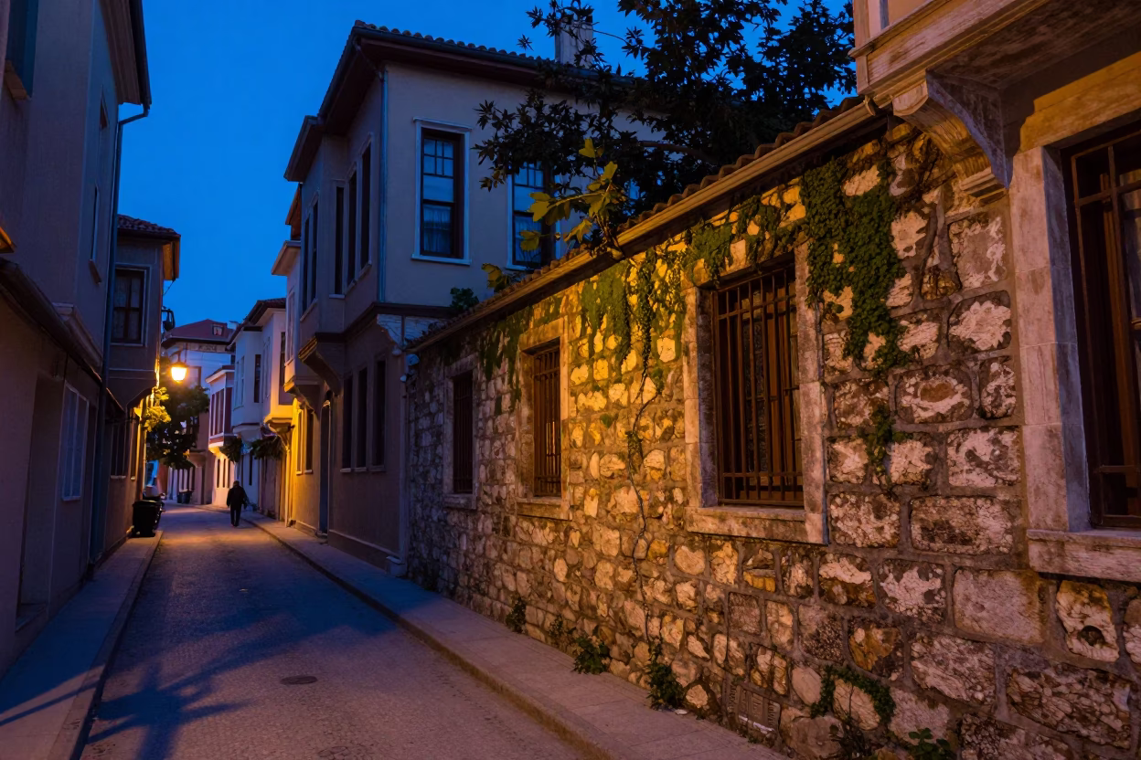 Istanbul evening blue hour street scene with oranges and mossy stone wall in in Istanbul, Turkey