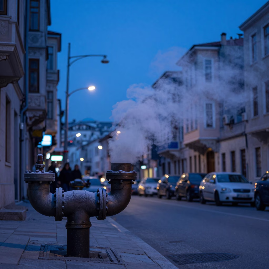 Istanbul Evening Blue Hour Street Scene with Steaming Pipe and Urban Details in in Istanbul, Turkey