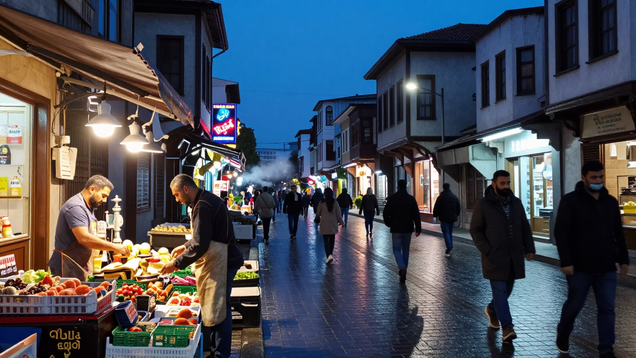 Istanbul Evening Blue Hour Street Scene with Traditional Accra Fritters and Sauce in in Istanbul, Turkey