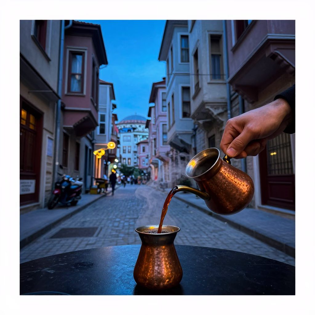 Istanbul Evening Blue Hour Street Scene with Traditional Coffee and Local Life in in Istanbul, Turkey
