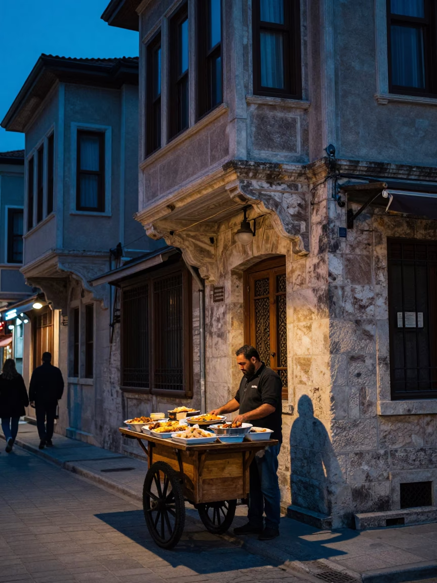 Istanbul Evening Blue Hour Street Scene with Traditional Food and Historic Architecture in in Istanbul, Turkey