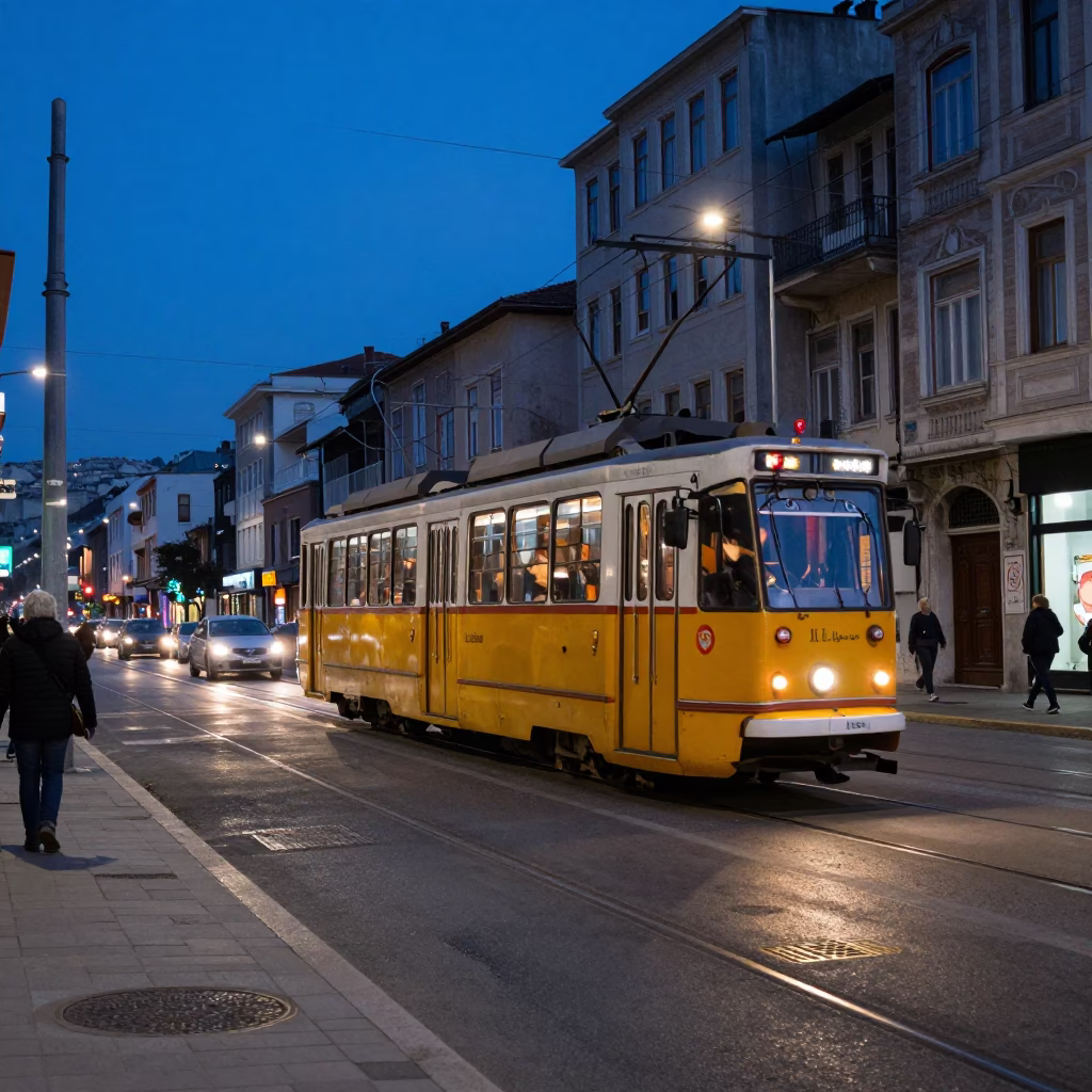 Istanbul Evening Blue Hour Street Scene with Tram and Bosphorus View in in Istanbul, Turkey