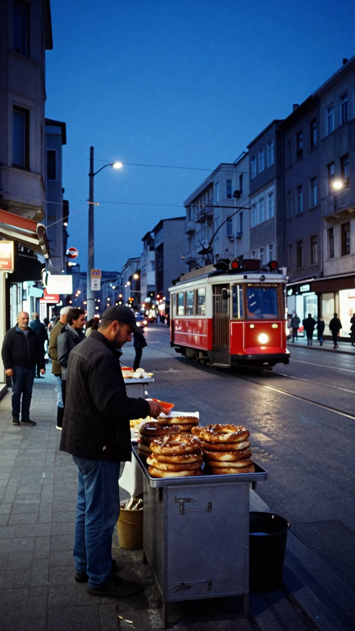 Istanbul evening blue hour street scene with tram and pedestrians in in Istanbul, Turkey