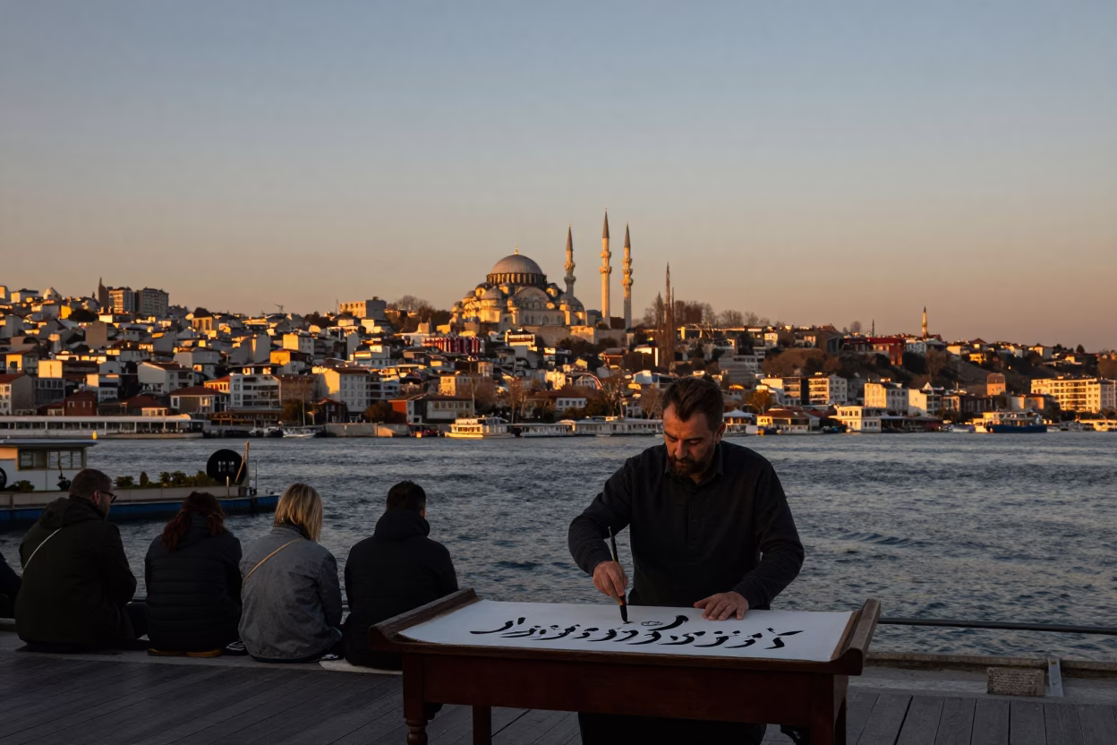 Istanbul evening skyline with traditional calligraphy demonstration and city horizon in in Istanbul, Turkey