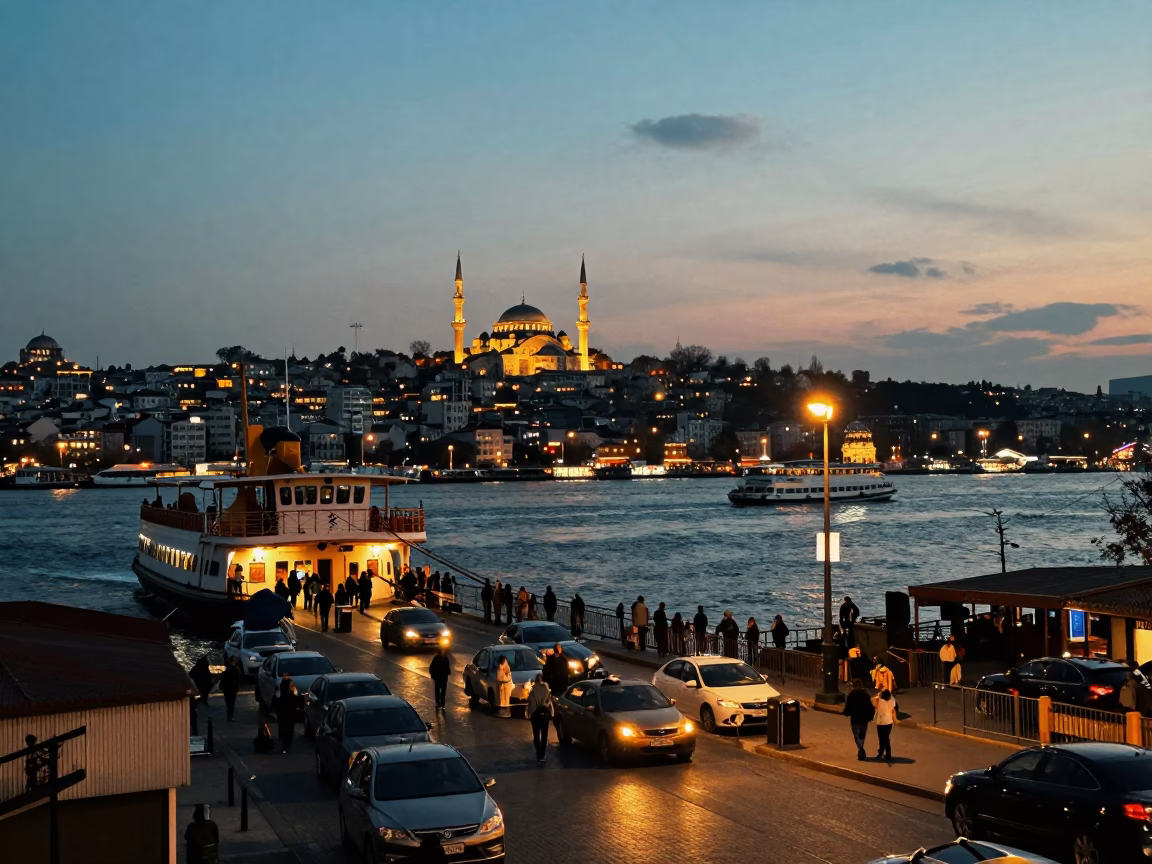Istanbul Evening Street Scene with Chain Ferry Crossing Golden Horn and District Heating Pipes in in Istanbul, Turkey