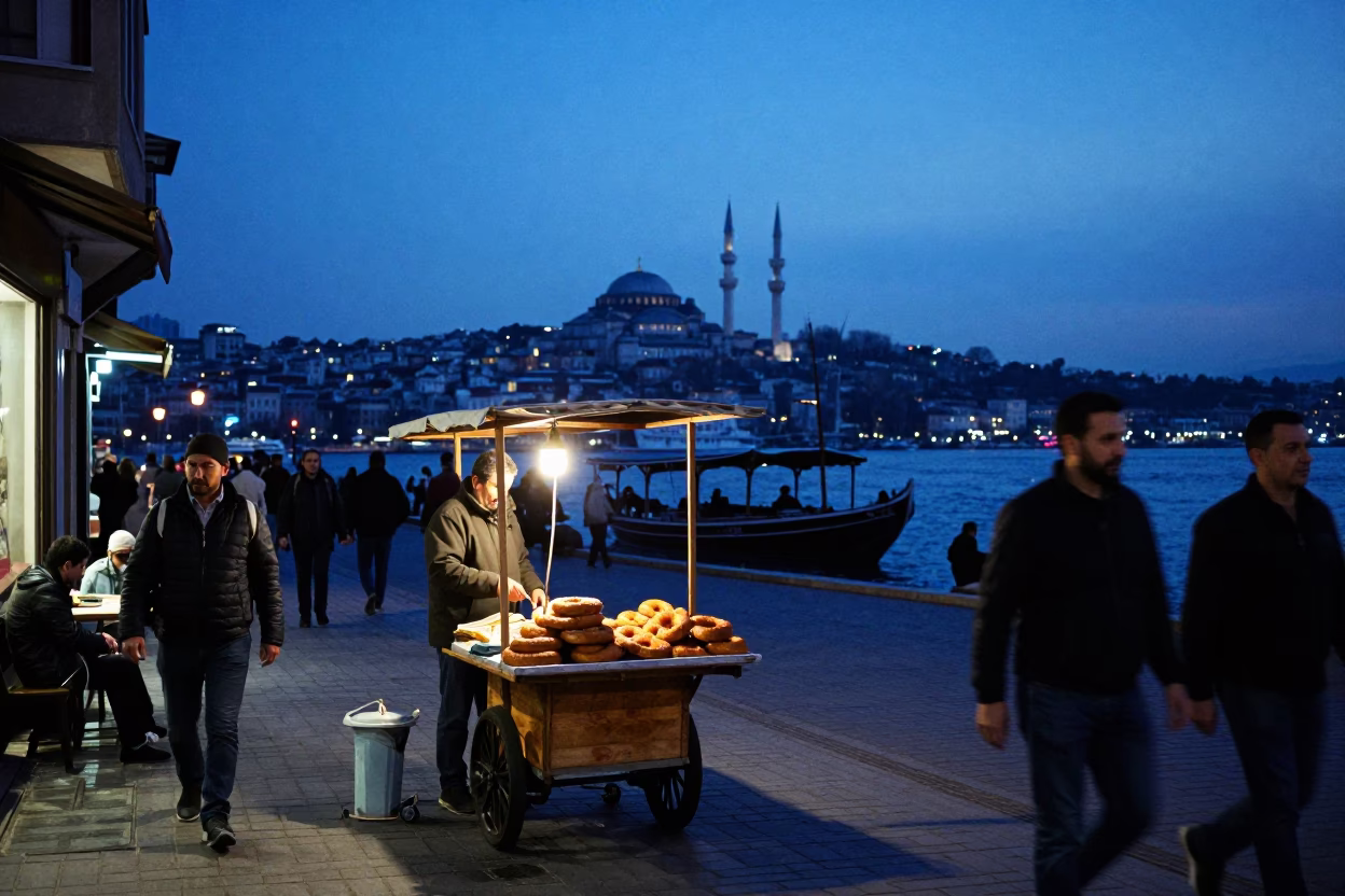Istanbul Evening Street Scene with Dhow Silhouette at Blue Hour in in Istanbul, Turkey