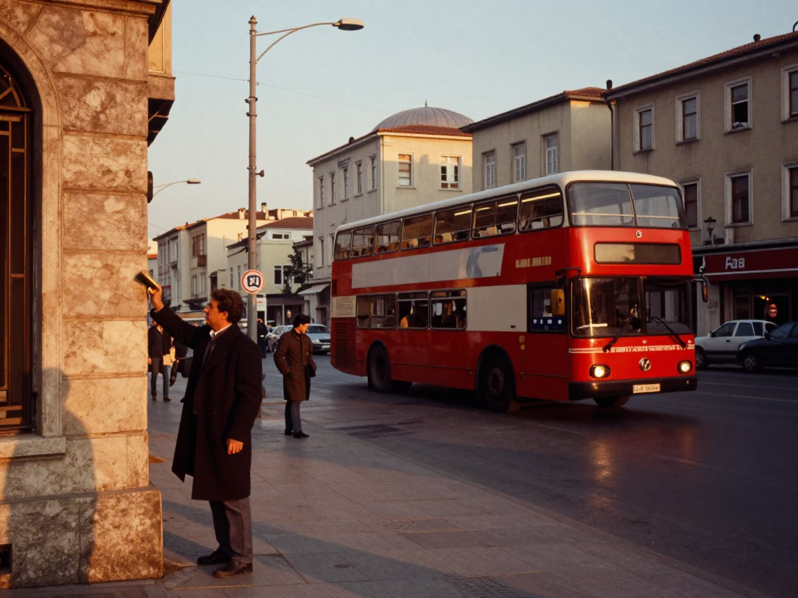 Istanbul Evening Street Scene with Double-Decker Bus and Coat Brush in in Istanbul, Turkey