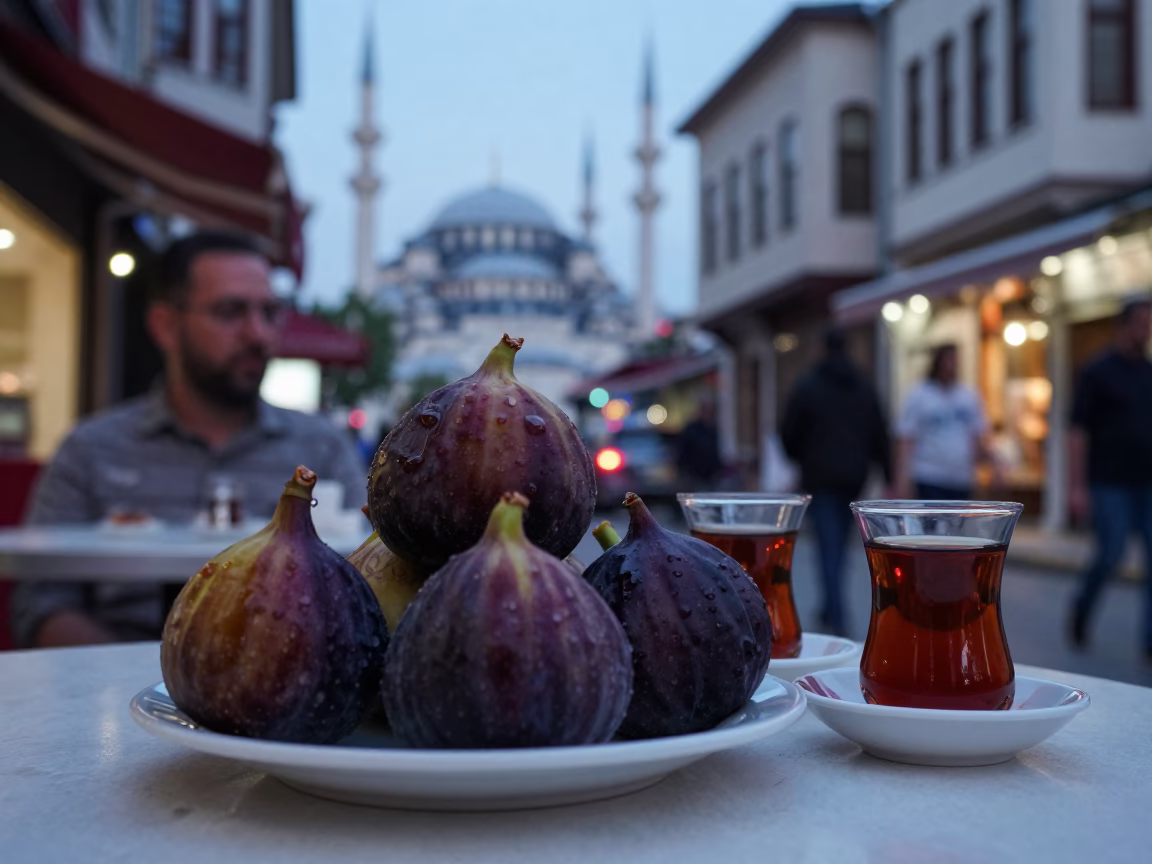 Istanbul Evening Street Scene with Figs and Traditional Tea Glasses in in Istanbul, Turkey