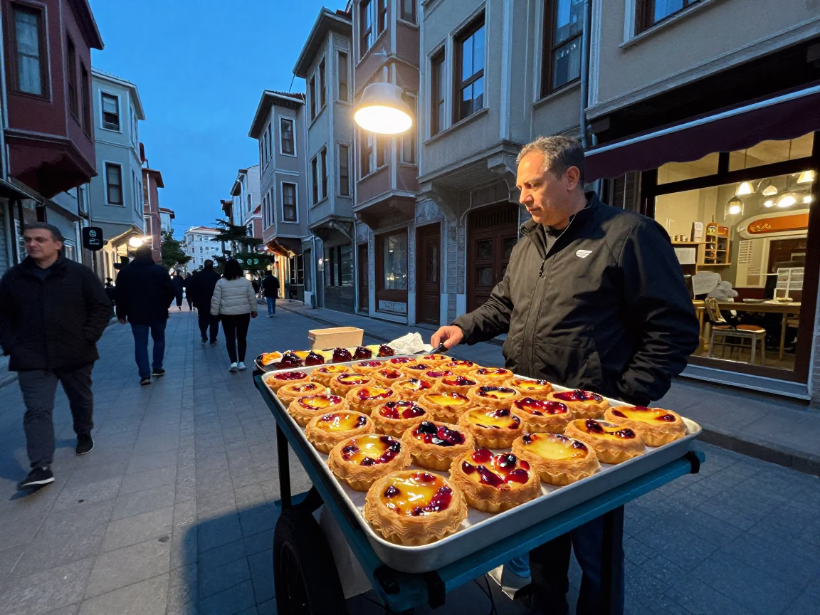 Istanbul Evening Street Scene with Fruit Tarts and Vintage Vespa Reflection in in Istanbul, Turkey