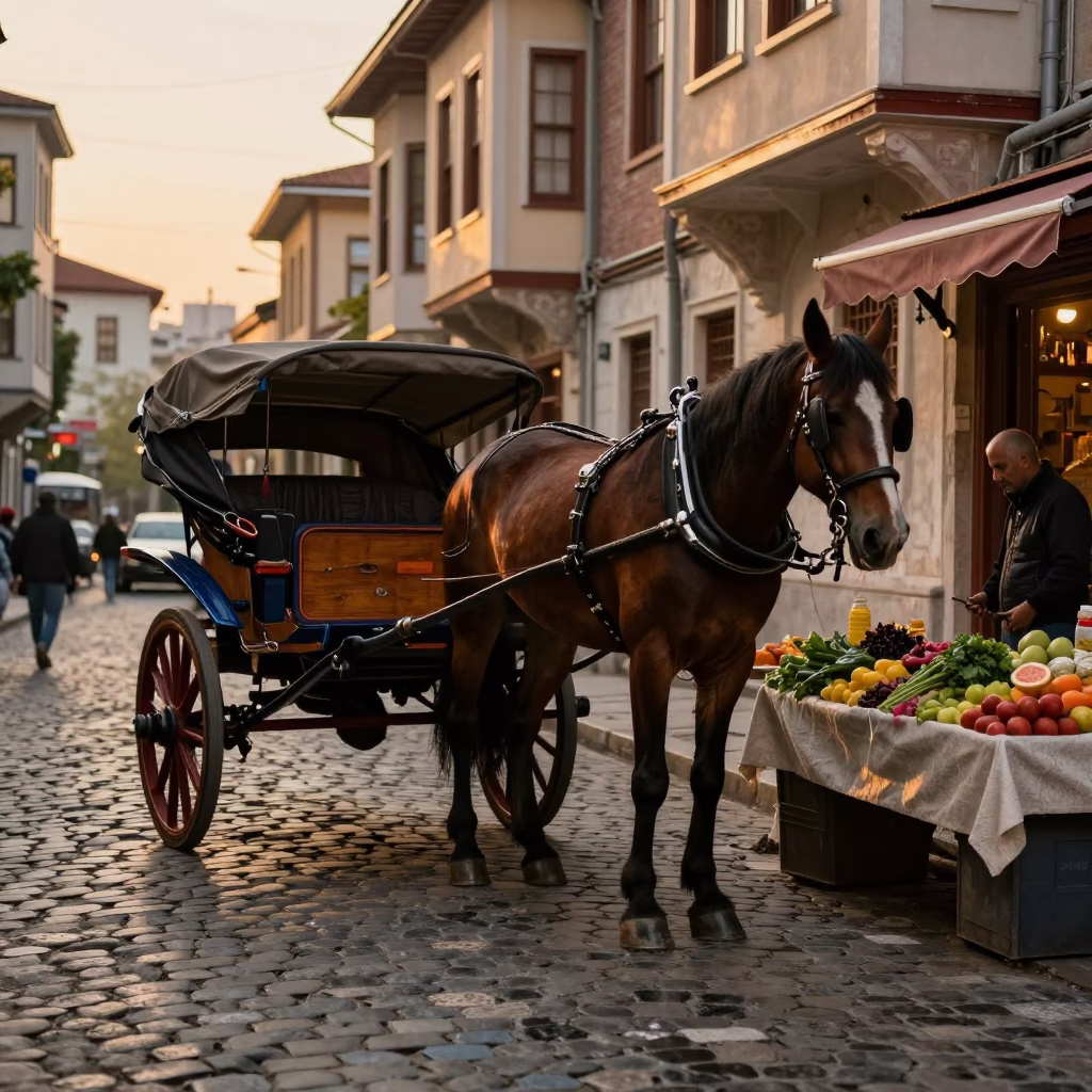 Istanbul Evening Street Scene with Horse-Drawn Cart on Cobblestones Under Golden Light in in Istanbul, Turkey