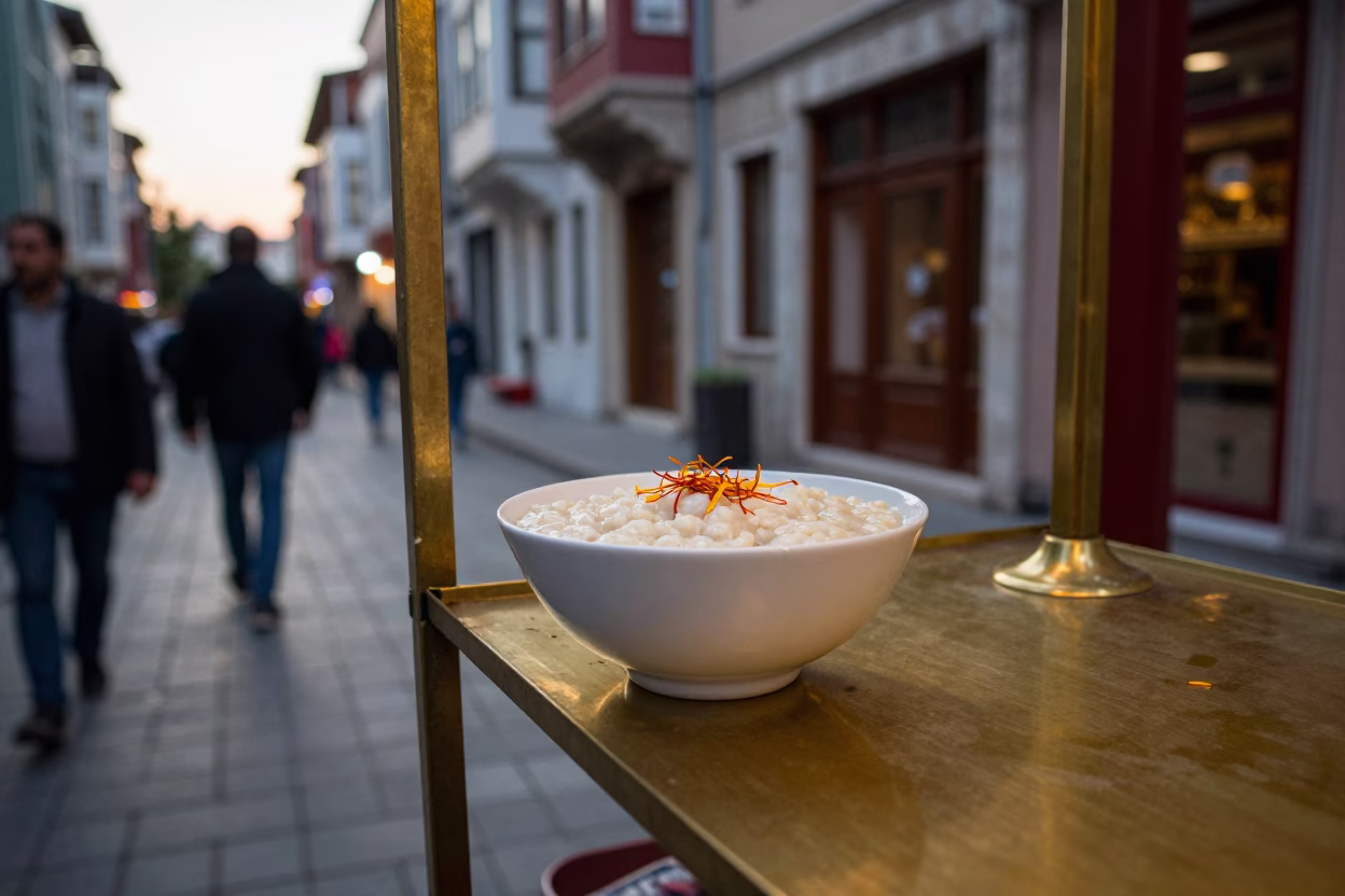 Istanbul Evening Street Scene with Kheer Bowl and Brass Shelf in Honeyed Light in in Istanbul, Turkey