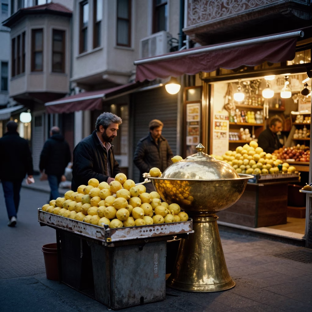Istanbul Evening Street Scene with Lemons and Brass Basin Under Overpass in in Istanbul, Turkey