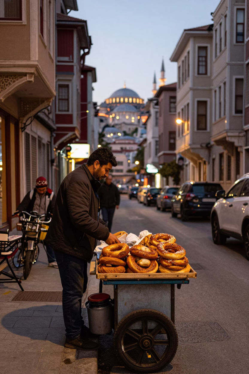 Istanbul Evening Street Scene with Local Vendor and City Lights in in Istanbul, Turkey