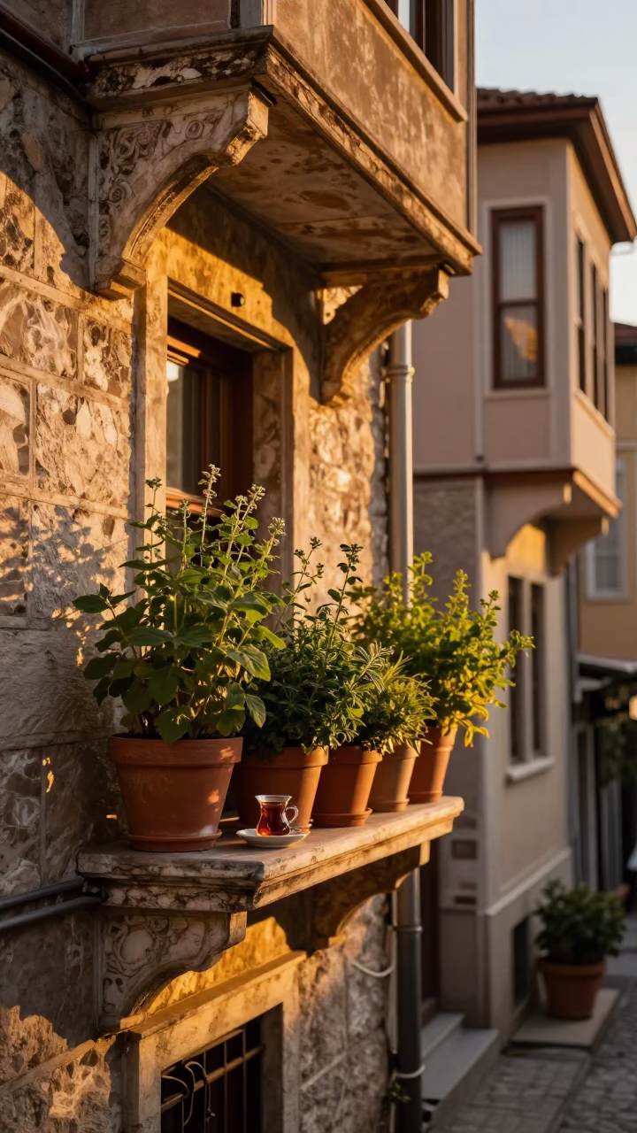 Istanbul Evening Street Scene with Potted Herbs and Tea Strainer on Balcony in in Istanbul, Turkey