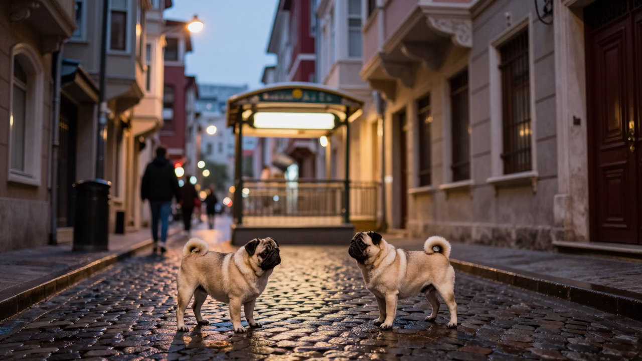 Istanbul evening street scene with pug dog and metro station entrance under city lights in in Istanbul, Turkey