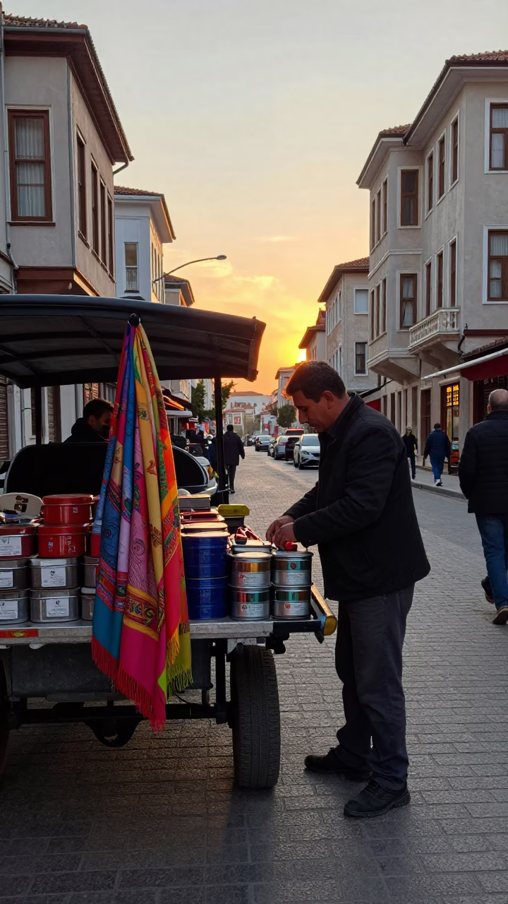 Istanbul Evening Street Scene with Scarf and Storage Tin in Honeyed Light in in Istanbul, Turkey