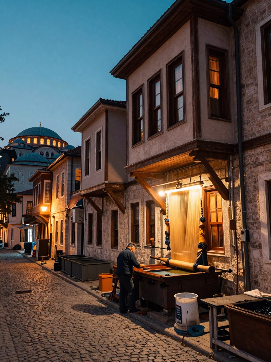 Istanbul Evening Street Scene with Silk Dyeing Workshop and City Lights in in Istanbul, Turkey