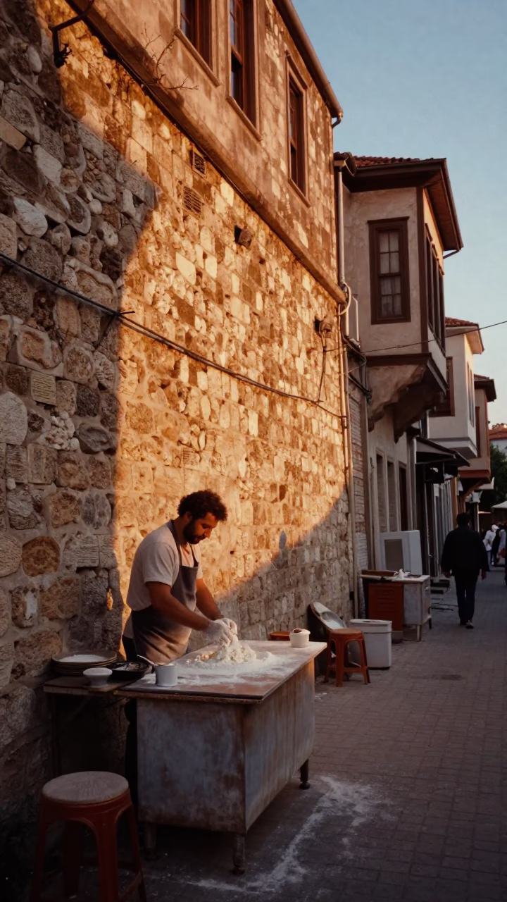 Istanbul Evening Street Scene with Sun-Warmed Stone Wall and Clay Teapot in in Istanbul, Turkey