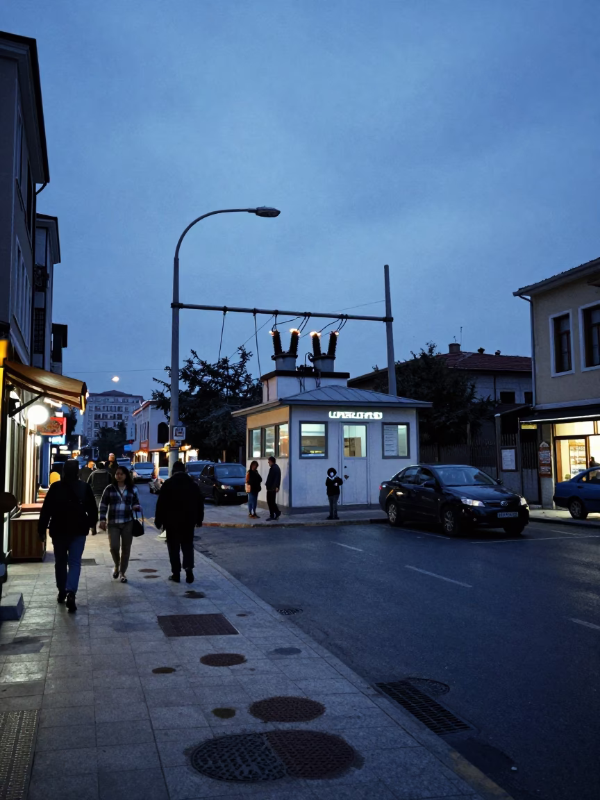 Istanbul Evening Street Scene with Tea Stains and Substation Glow in in Istanbul, Turkey