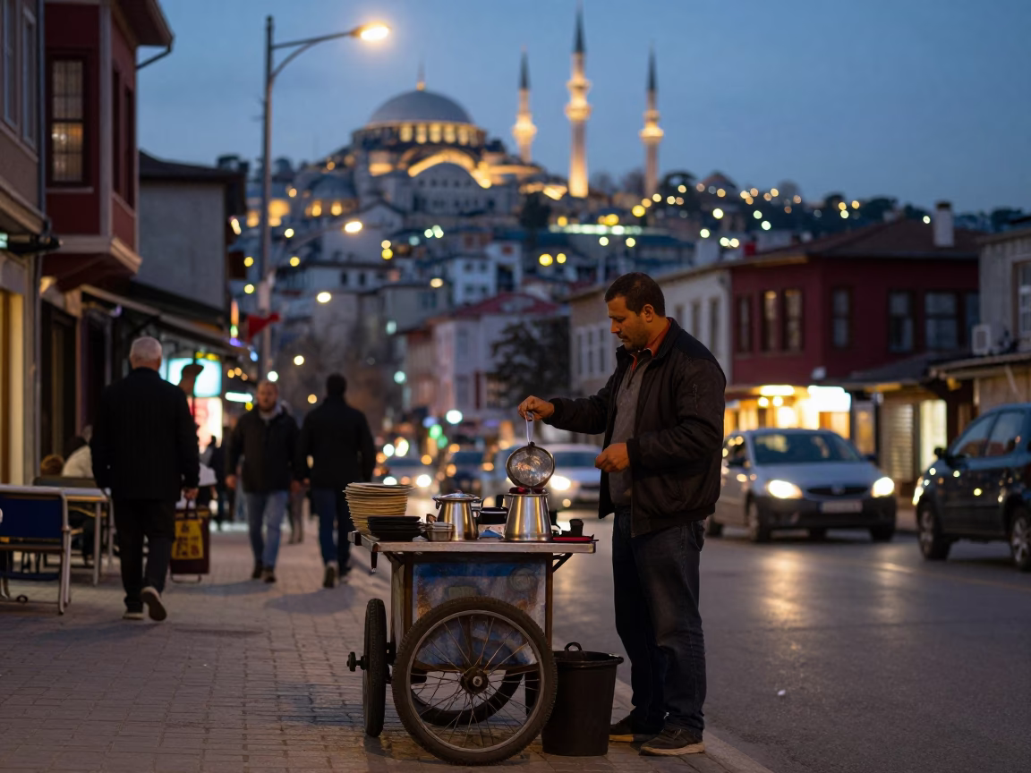 Istanbul Evening Street Scene with Tea Strainer and City Lights in in Istanbul, Turkey