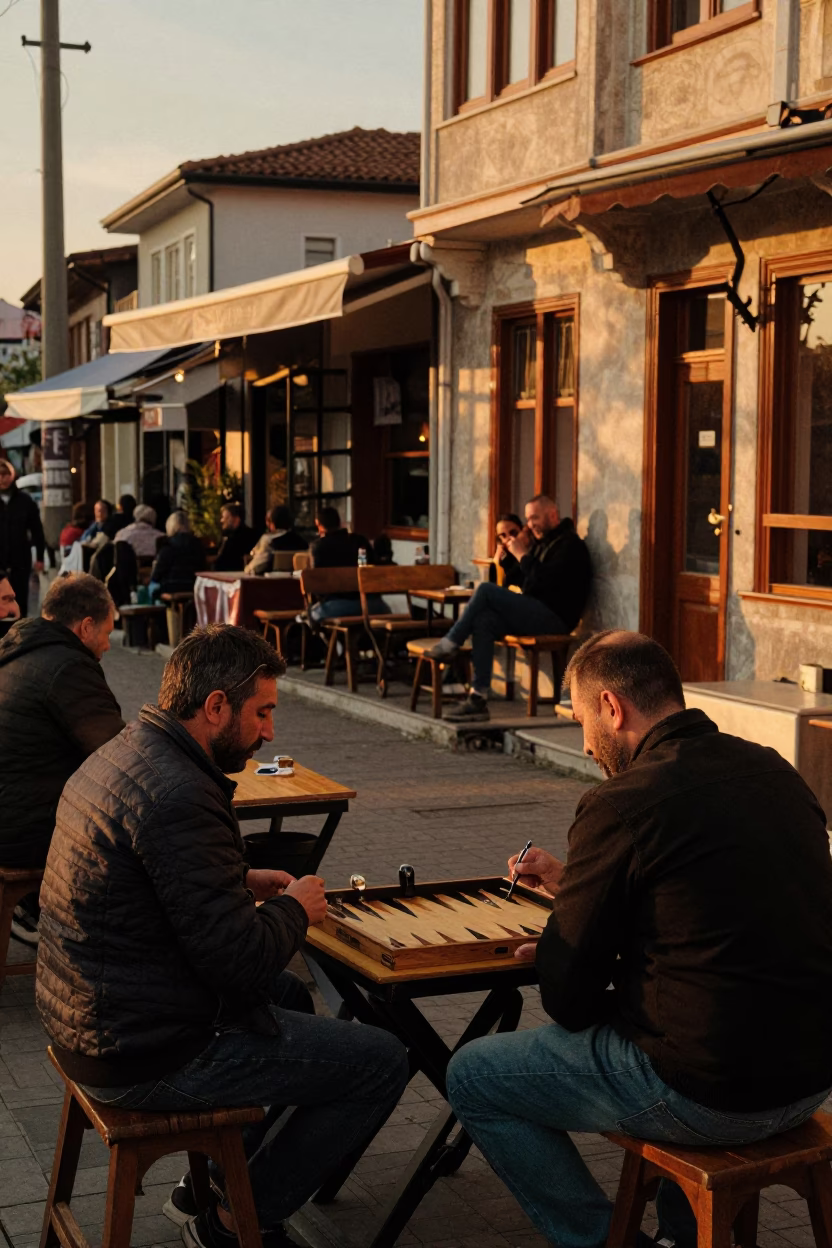 Istanbul evening street scene with traditional backgammon game on wooden table in in Istanbul, Turkey