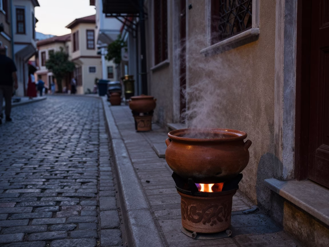 Istanbul Evening Street Scene with Traditional Clay Pot and Table Lamp in in Istanbul, Turkey