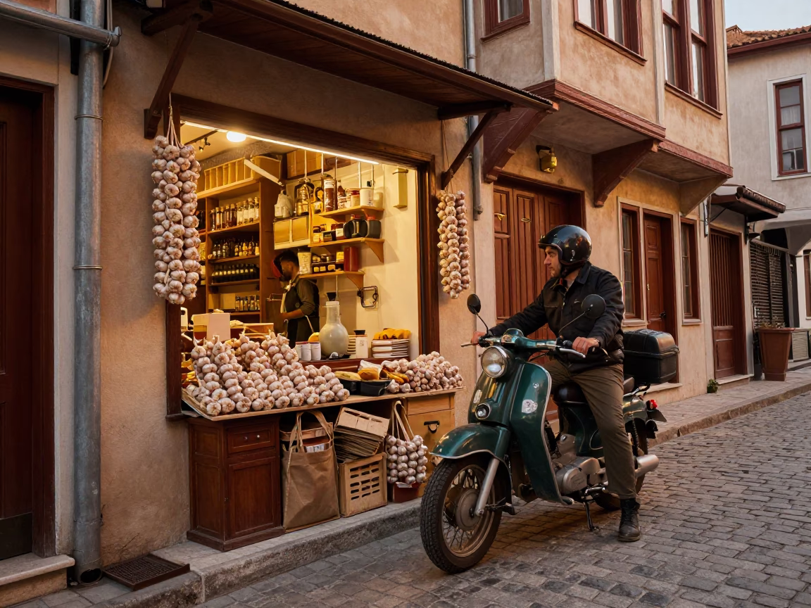 Istanbul Evening Street Scene with Vintage Motorcycle and Local Commerce in in Istanbul, Turkey