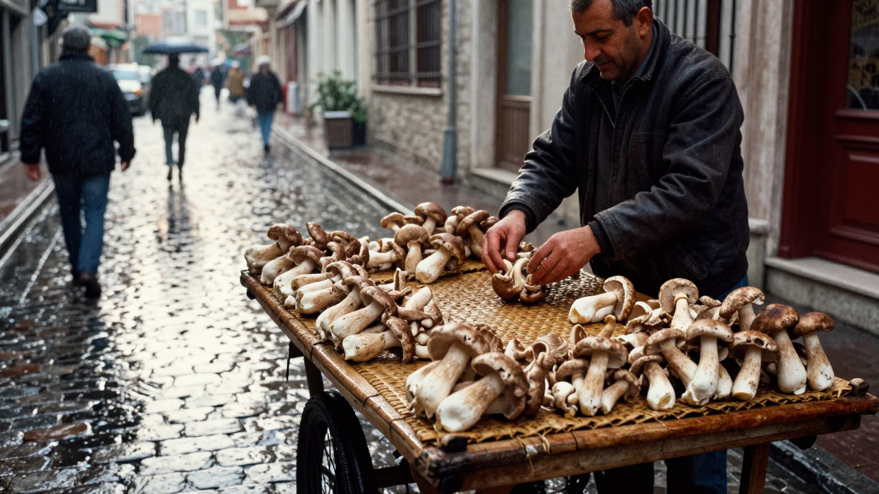 Istanbul Fresh Mushrooms at First Light in in Istanbul, Turkey