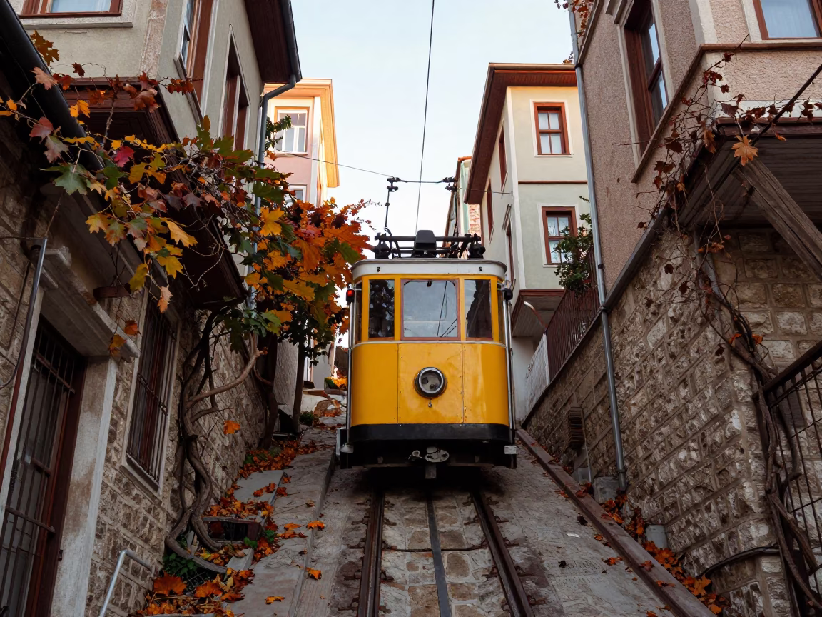 Istanbul Funicular Ascending Hill with Autumn Vines Early Morning Light in in Istanbul, Turkey