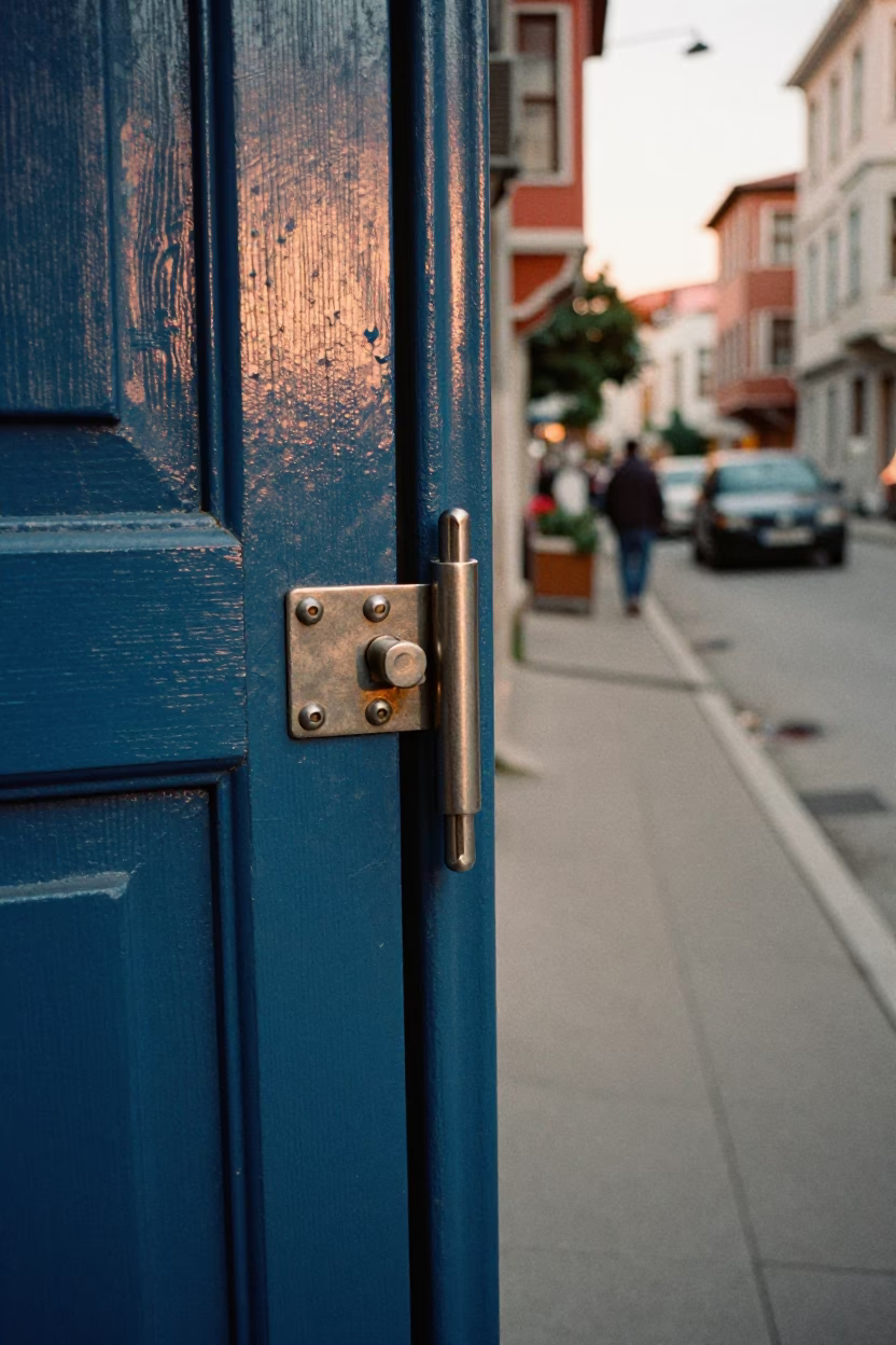 Istanbul Golden Hour Street Scene with Brushed Steel Latch and Watering Can in in Istanbul, Turkey