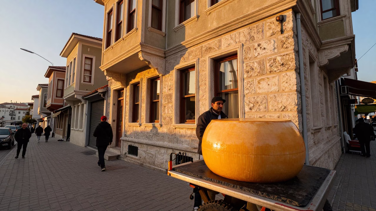Istanbul Golden Hour Street Scene with Ceramic Beehive Cheese Dome and Nectarines in in Istanbul, Turkey