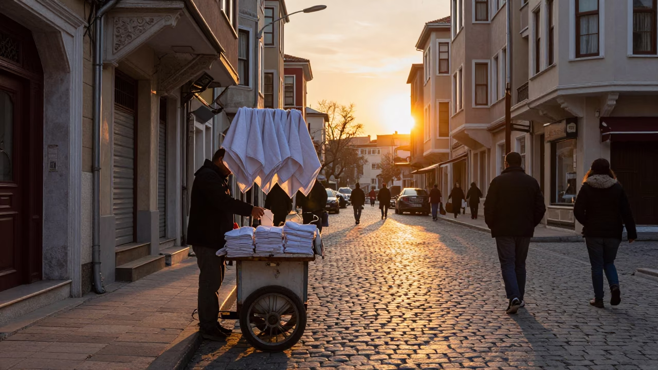 Istanbul Golden Hour Street Scene with Tea Towels and Hydrangeas in in Istanbul, Turkey