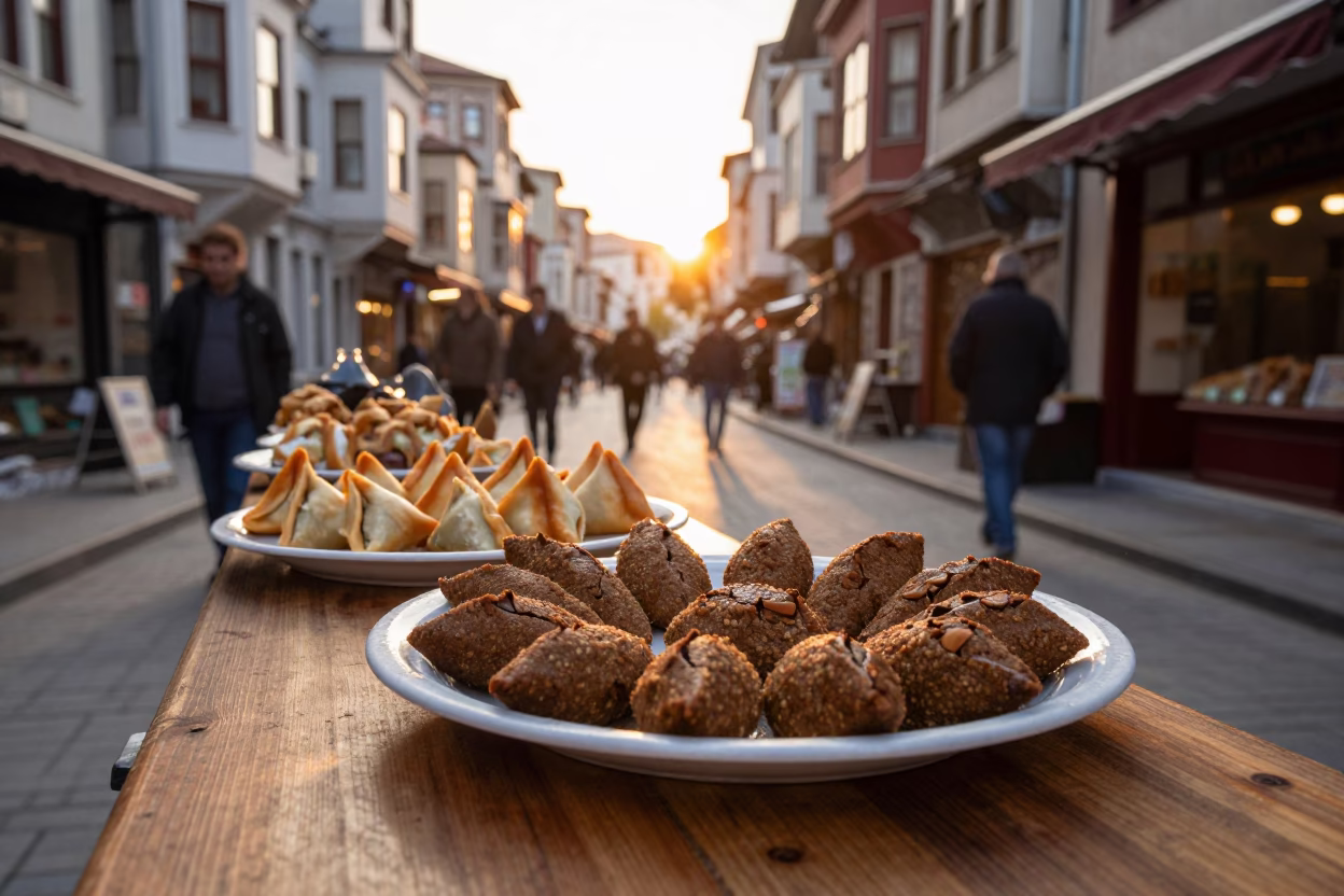 Istanbul Golden Hour Street Scene with Traditional Turkish Kibbeh and Sambusa in in Istanbul, Turkey