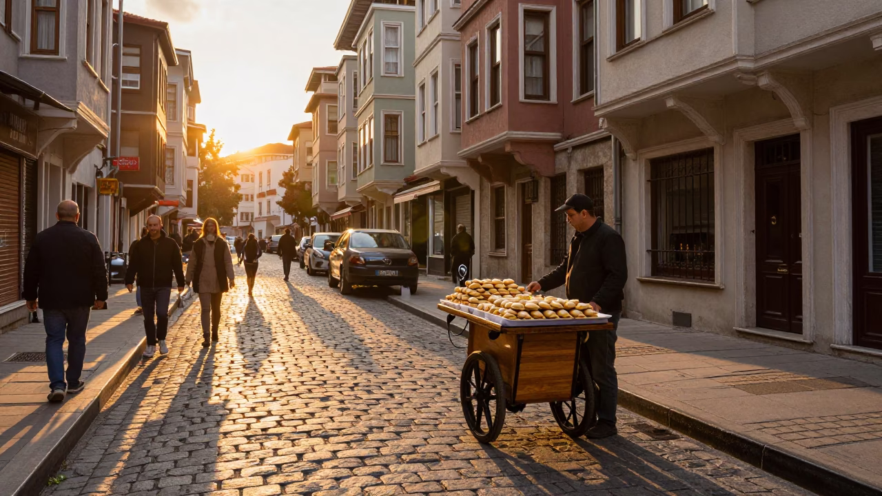 Istanbul Golden Hour Street Scene with Tray of Alfajores and Hydrophone Winch in in Istanbul, Turkey