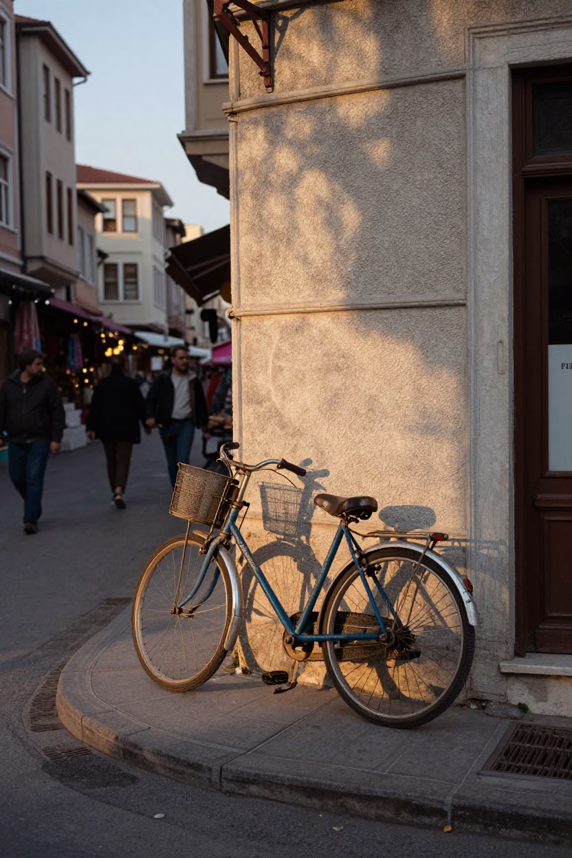Istanbul Golden Hour Street Scene with Vintage Bicycle and Local Market Activity in in Istanbul, Turkey