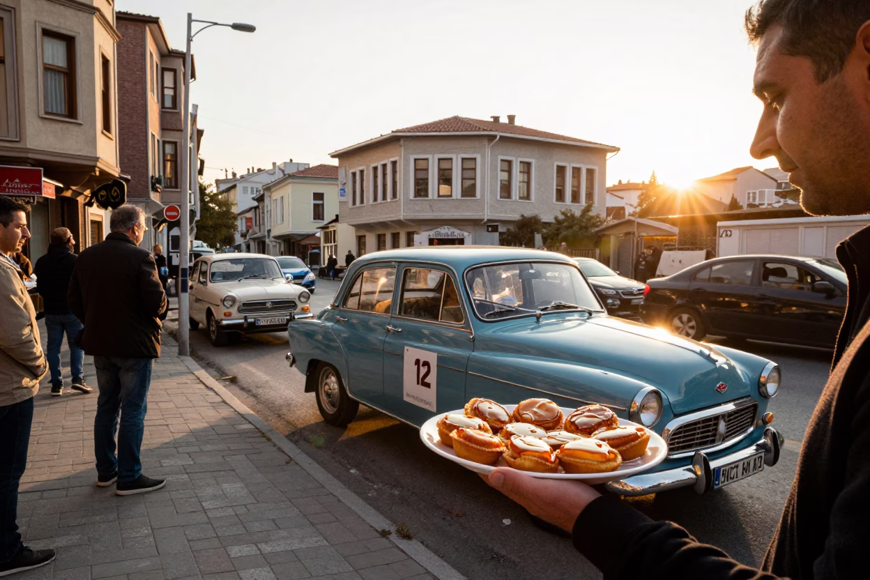 Istanbul Golden Hour Street Scene with Vintage Car Rally and Loukoumades Honey Treats in in Istanbul, Turkey