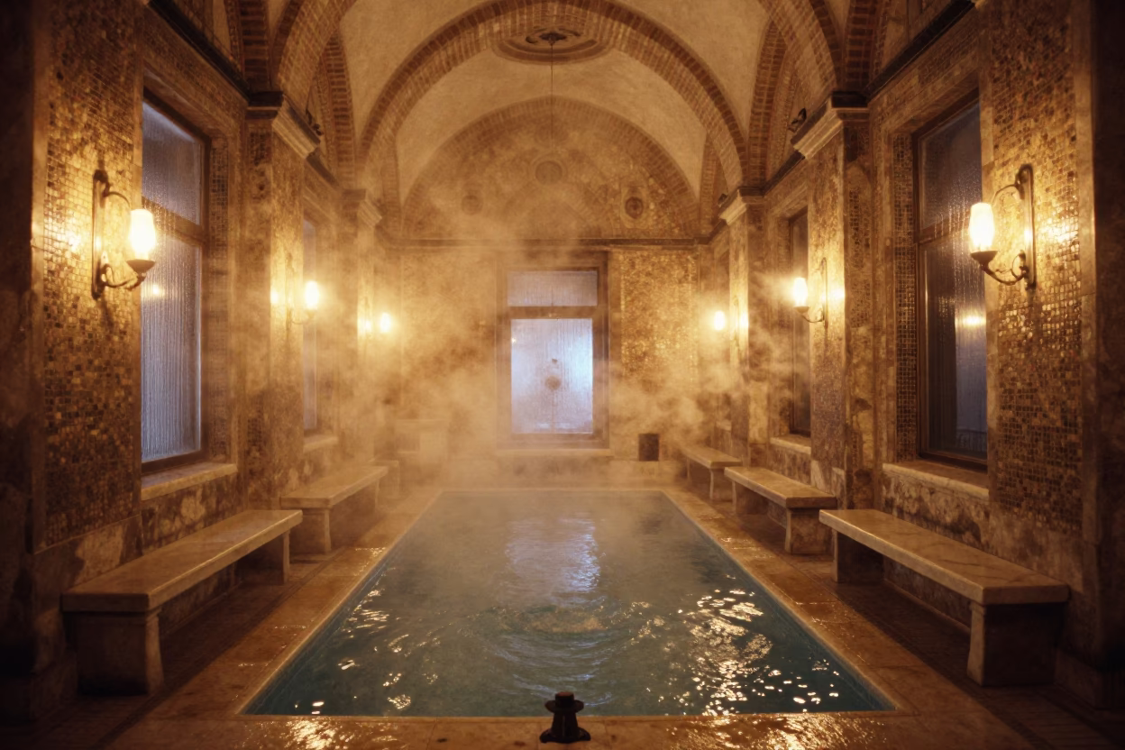 Istanbul Hammam with Steam and Candlelight in inside a vaulted atrium in Istanbul