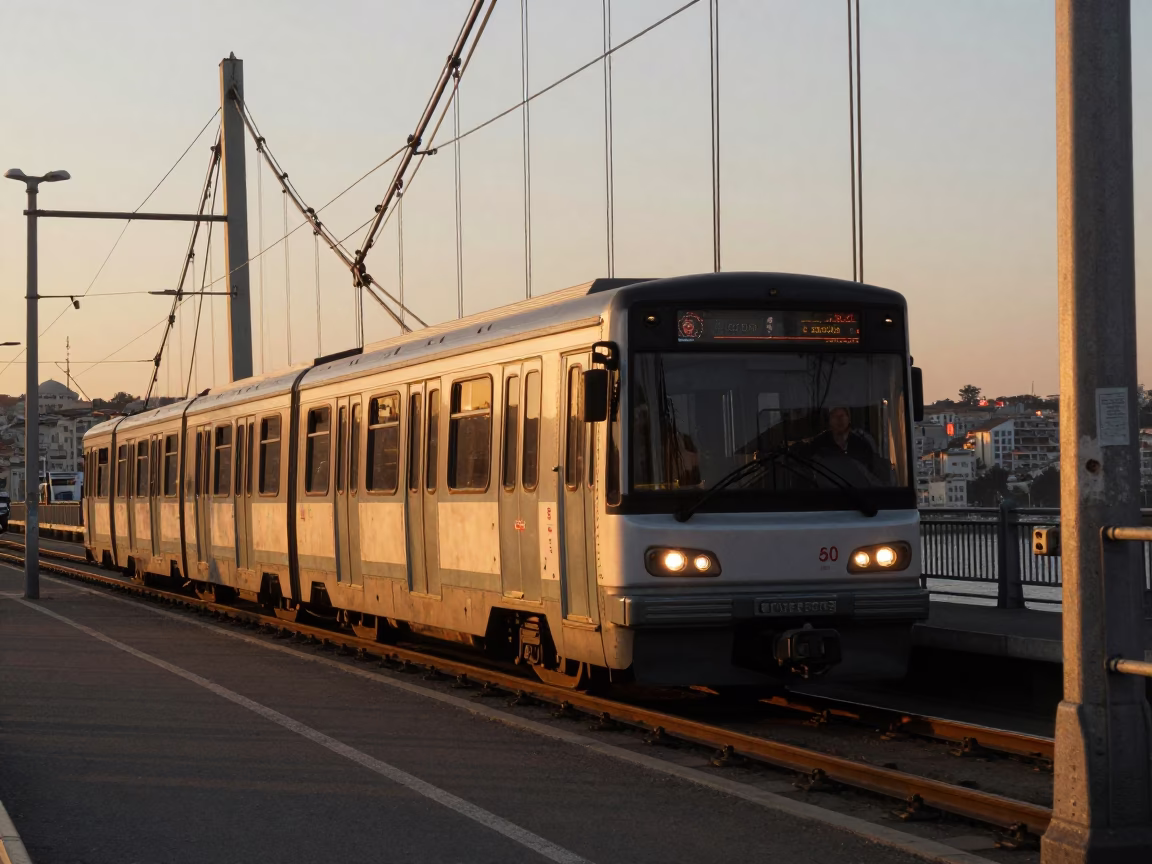 Istanbul honeyed evening light metro train emerging tunnel into daylight in in Istanbul, Turkey