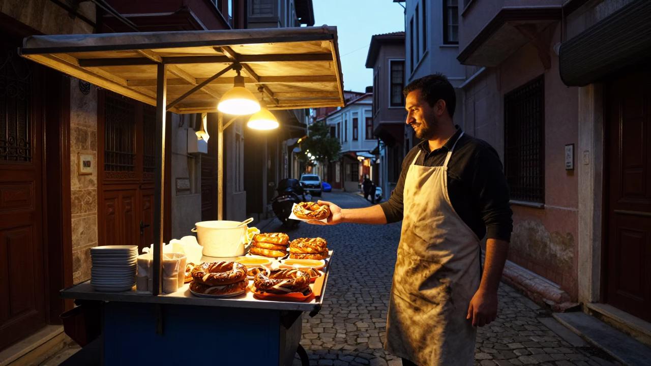 Istanbul Hot Simit at The Predawn Darkness Light in in Istanbul, Turkey